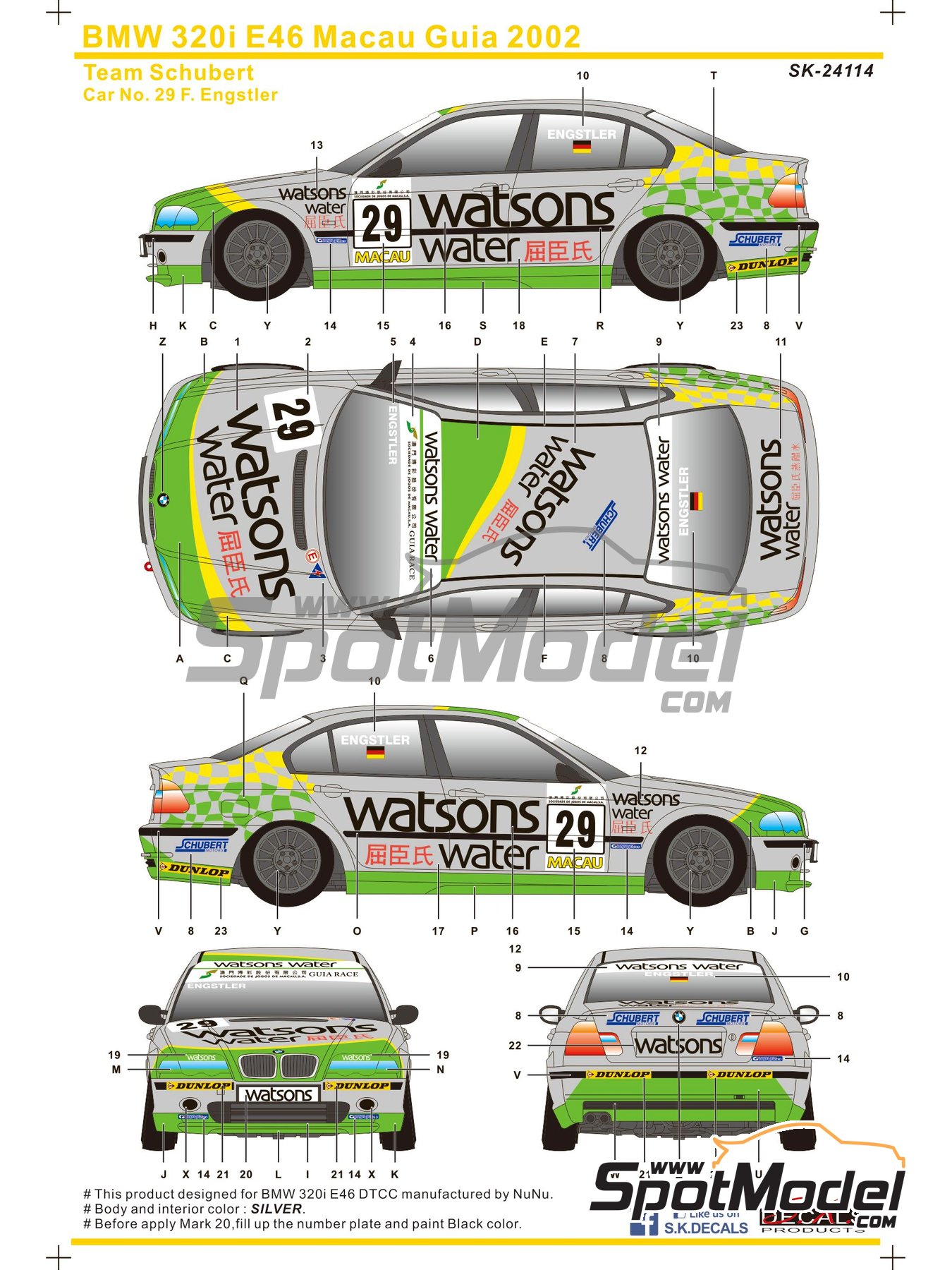 BMW 320i E46 Schubert Team sponsored by Watsons water - Guia Race of Macau  2002. Marking / livery in 1/24 scale manufactured by SK Decals (ref. SK-241